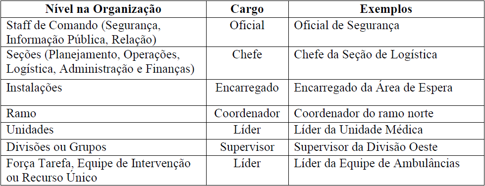 Quadro 01: Quadro demonstrativo das posições e títulos do