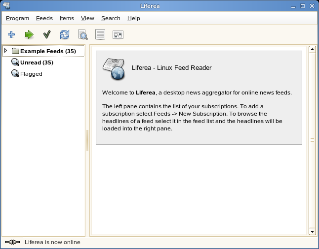 13Lendo newsfeeds com o Liferea O Liferea é um agregador de notícias para receber e ler newsfeeds online.