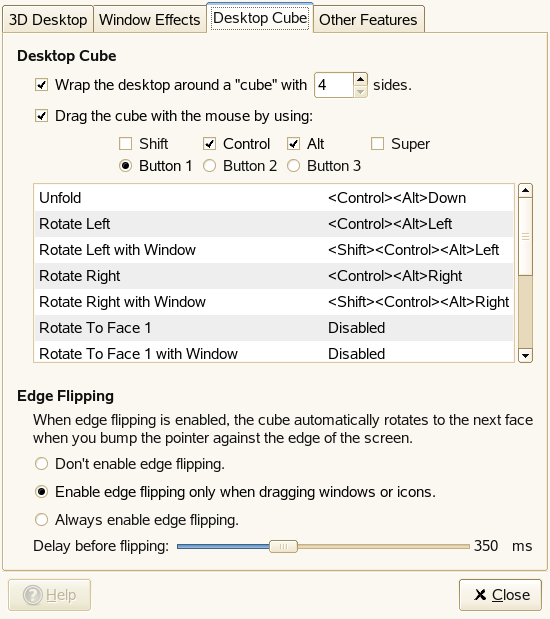 Cubo da Área de Trabalho Use as opções dessa página com guias para especificar quantos lados tem o cubo de sua área de trabalho, qual combinação de teclas e botão do mouse você pode usar para