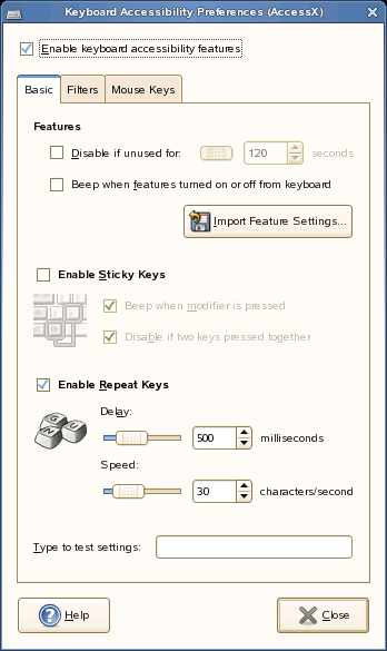 O módulo consiste nas três guias: Básico, Filtros e Teclas do Mouse. Antes de modificar as configurações, ative a opção Habilitar Acessibilidade do Teclado.