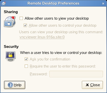 2.4.7 Definindo as preferências de compartilhamento de sessão A caixa de diálogo Preferências da Área de Trabalho Remota permite compartilhar uma sessão da Área de Trabalho do GNOME entre vários