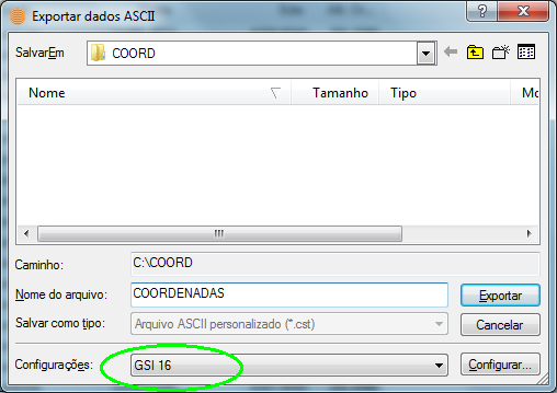 Para enviar os pontos para dentro da estação devemos exportar os pontos para o formato GSI 16. Para isto, vá ao Menu Exportar na opção dados ASCII.