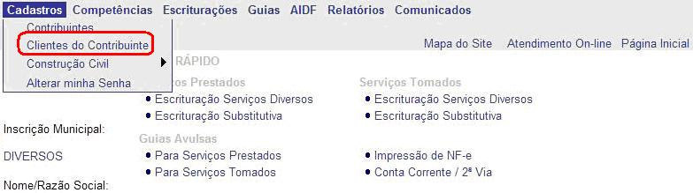 A manutenção é de inteira responsabilidade do contribuinte, para isso o contribuinte deverá entrar no menu CADASTRO \ CLIENTES DO CONTRIBUINTE.