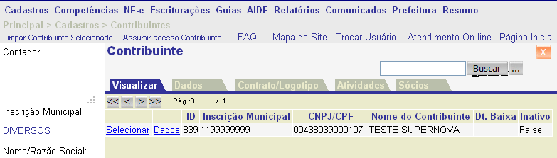 6. CADASTRO DO CONTRIBUINTE Para que o contribuinte possa verificar seu cadastro, acesse o menu CADASTRO e em seguida em Contribuinte.