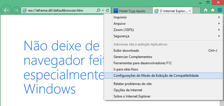 No caso de Internet Explorer deve-se verificar se está ativada a Visão de compatibilidade, a qual pode-se ativar em função das versões do navegador da seguinte