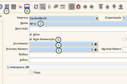 Configuração 1 - Clique em Novo 2 - Coloque o nome para esta sequencia 3 - Selecione 'Auto Numeração' 4 - Deixe incrementando de 1 em 1 5 -