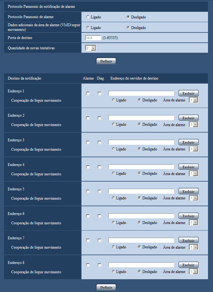 13 Configuração dos ajustes e alarme [Alarme] 13.9 Configuração dos ajustes relativos ao protocolo de alarme Panasonic [Notificação] Clique na guia [Notificação] na página Alarme.