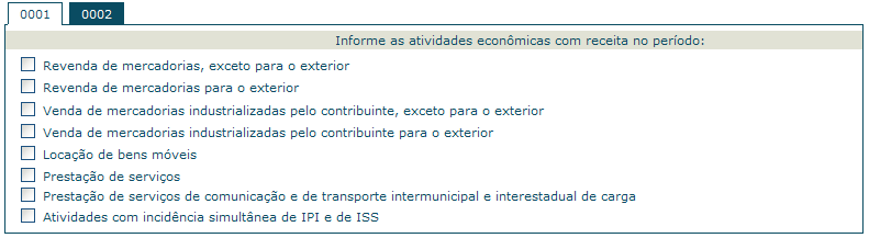 13.5 ATIVIDADES ECONÔMICAS COM RECEITA NO PERÍODO Ao clicar no da tela exibida após a informação dos valores de receita bruta mensal, será apresentada tela com as atividades econômicas.