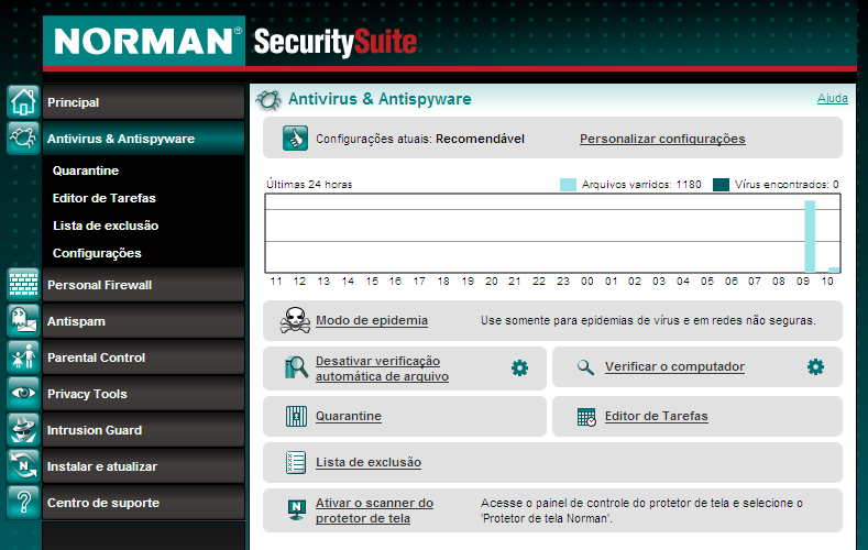 Antivirus & Antispyware Visualização principal Antivirus & Antispyware Abra o aplicativo Security Suite e selecione Antivirus & Antispyware do menu do lado esquerdo.