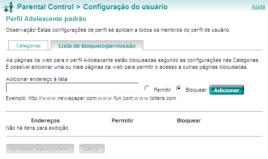 Parental Control Configuração do usuário Configurações padrão de perfil O perfil Adulto não tem restrições.