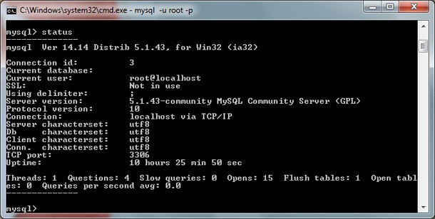 Após digite status e pronto, você terá informações sobre o MySQL: Problemas de conexão dos scripts PHP com o MySQL Alguns usuários de Windows 7, inclusive eu, andaram passando por problemas de