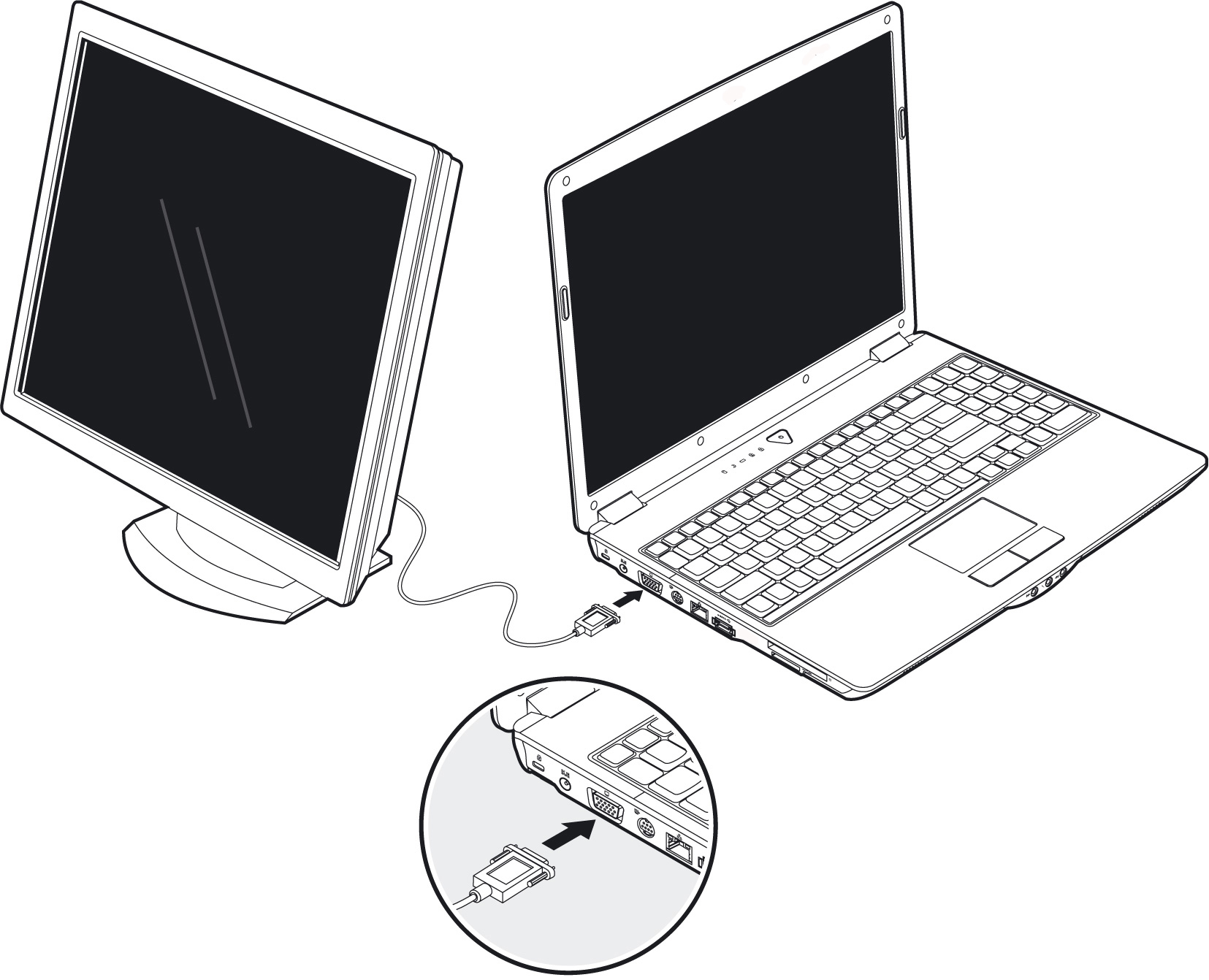 Ligação de um monitor externo O computador tem uma ligação VGA (14) para um monitor externo. 1. Desligue o seu Notebook normalmente. 2.