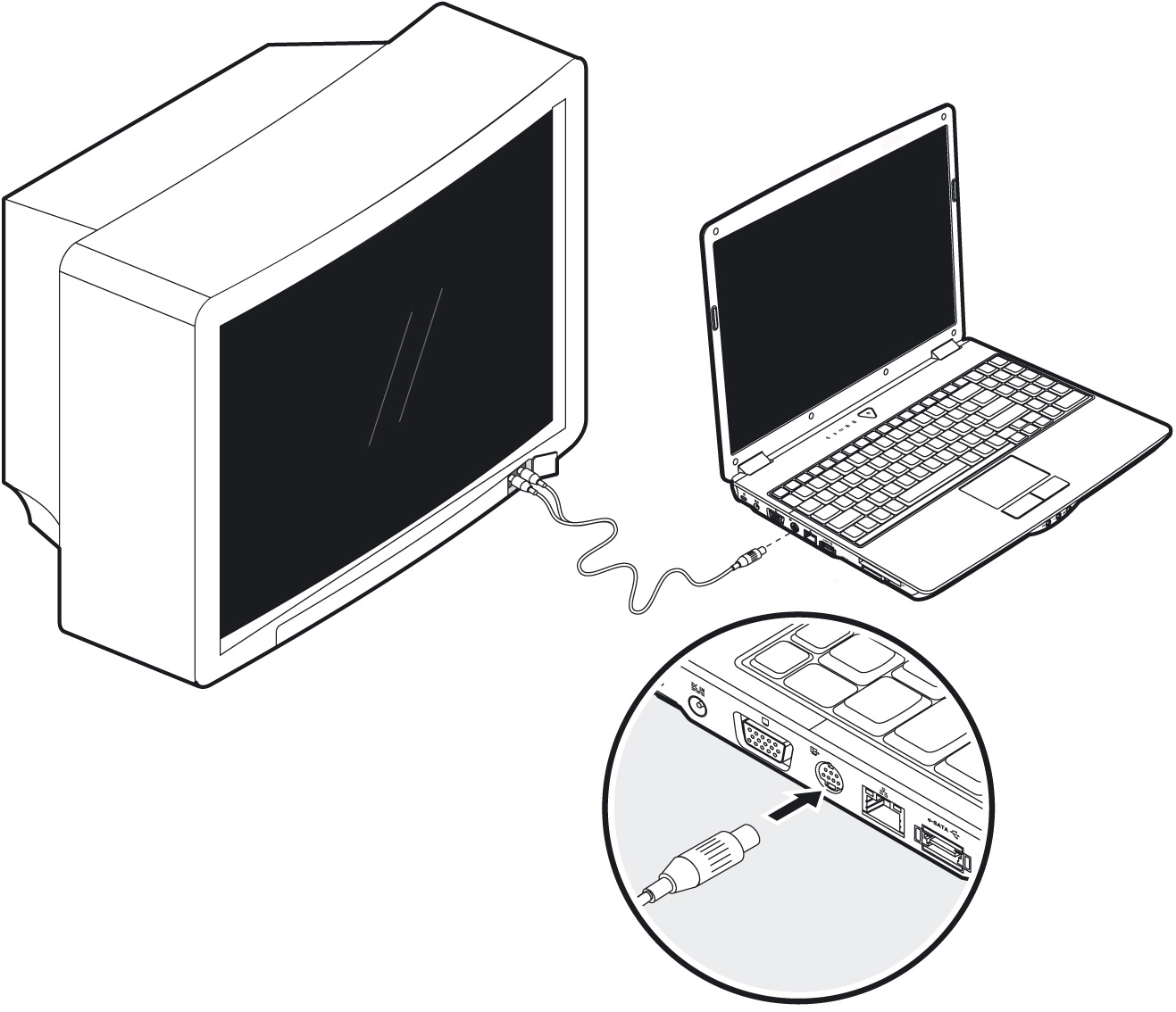 Ligação de um aparelho de TV O computador tem uma saída de vídeo (15) com a qual pode transferir os dados do computador para um ecrã de televisão.