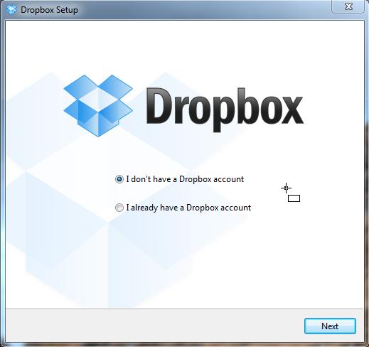 Passo 3 - Nesta janela pergunta-nos se já temos uma conta Dropbox ou não, vamos pela opção I don t have a