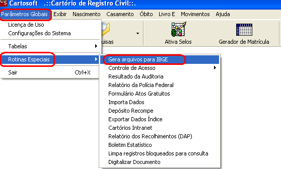 2. Gerando arquivos para o IBGE Como é de conhecimento de todos os cartórios, a cada 3 meses deverá ser informado