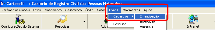 LIVRO E Emancipação Interdição - Ausência Para incluir uma Emancipação, clique em Livro E, Cadastro, Emancipação Cadastrando uma Emancipação: clique em inserir ou aperte