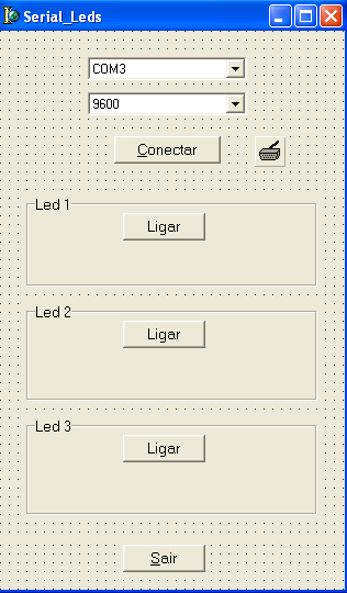 Neste exemplo, o supervisório envia L1 depois que o botão ligar Led 1 é pressionado, o label do botão muda para Desliga. Quando o botão Desligar Led 1 é pressionado, o supervisório envia D1.