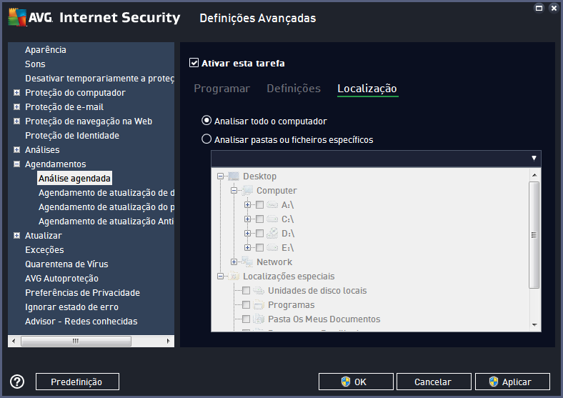 No separador Localização pode definir se pretende agendar uma análise de todo o computador ou uma análise de ficheiros ou pastas.