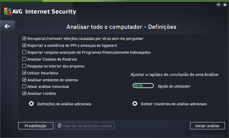 Na lista de parâmetros de análise pode ativar/desativar parâmetros específicos consoante necessário: Recuperar/remover infeções causadas por vírus sem me perguntar (ativado por predefinição) Se um