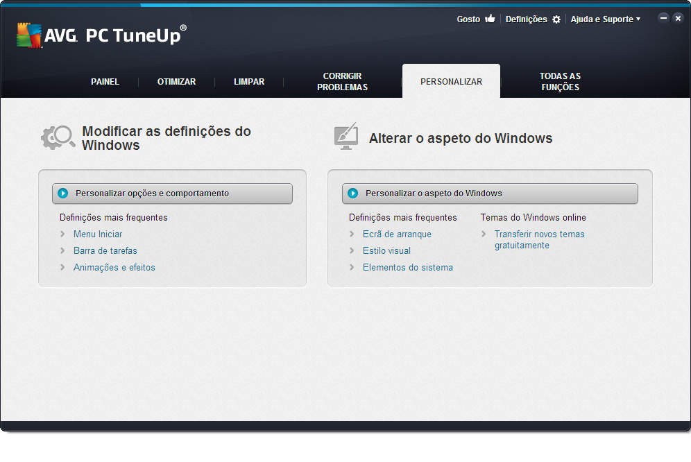 Modificar as definições do Windows Em Personalizar opções e comportamento, encontra o módulo AVG System Control, que pode ser utilizado para adaptar os efeitos visuais, o início de sessão de