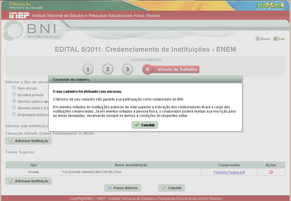 Fig 10 Pagina com o resultado da operação Clique em Concluir e a página a seguir vai aparecer informando o