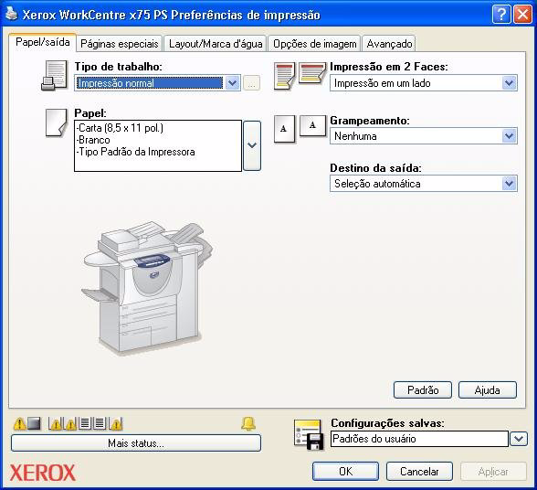 Estrutura do driver O driver organiza os recursos nas seguintes guias: Papel/Saída, Páginas Especiais, Layout/Marca d água, Opções de Imagem e Avançado.