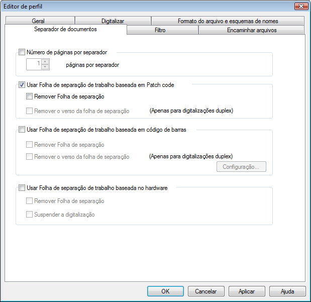 Capítulo 2 3 Selecione a guia [Separador de documentos] e marque a caixa de seleção [Usar Folha de separação de trabalho baseada em Patch code].