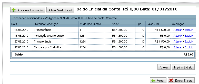 Informe o valor do saldo inicial, e a data correspondente. É recomendado que se informe o saldo do primeiro dia do exercício correspondente à execução (1º de janeiro de 2011, por exemplo).