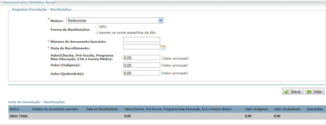 07. Recursos financeiros do PNAE devolvidos para conta especificada Caso tenha ocorrido alguma devolução de recursos à conta específica do programa, esse valor deverá ser registrado nesta linha.