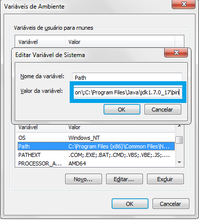Figura 16 Campo das variáveis Está pronto as variáveis de ambiante java para Windows 7 estão configuradas.