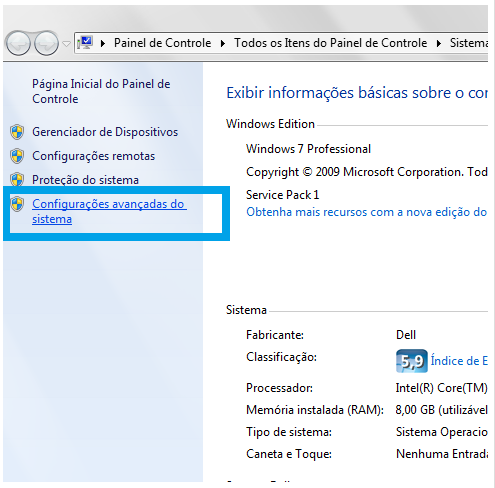 Figura 10 Configurações avançadas Em seguida uma janela de propriedade do sistema