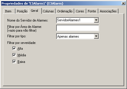 Na aba Geral das propriedades do E3Alarm são especificadas as informações referentes ao Servidor de Alarmes e ao filtro. Aba Geral Cada campo da aba Geral possui uma propriedade correspondente.