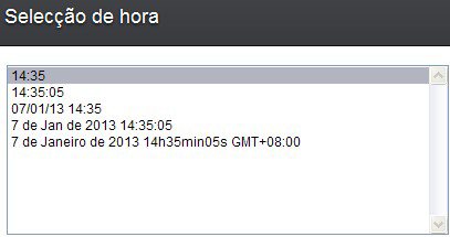 v Para inserir uma hora na área de texto, execute os seguintes passos: 1. Faça clique em Inserir > Campos > Hora. 2. Seleccione um formato de hora e, em seguida, faça clique em OK.