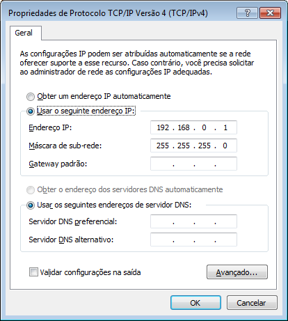 13. Alterar o endereço de IP / Windows 7 Para fazer a comunicação inicial com a interface, configure o adaptador de rede de seu computador para o IP 192.168.0.