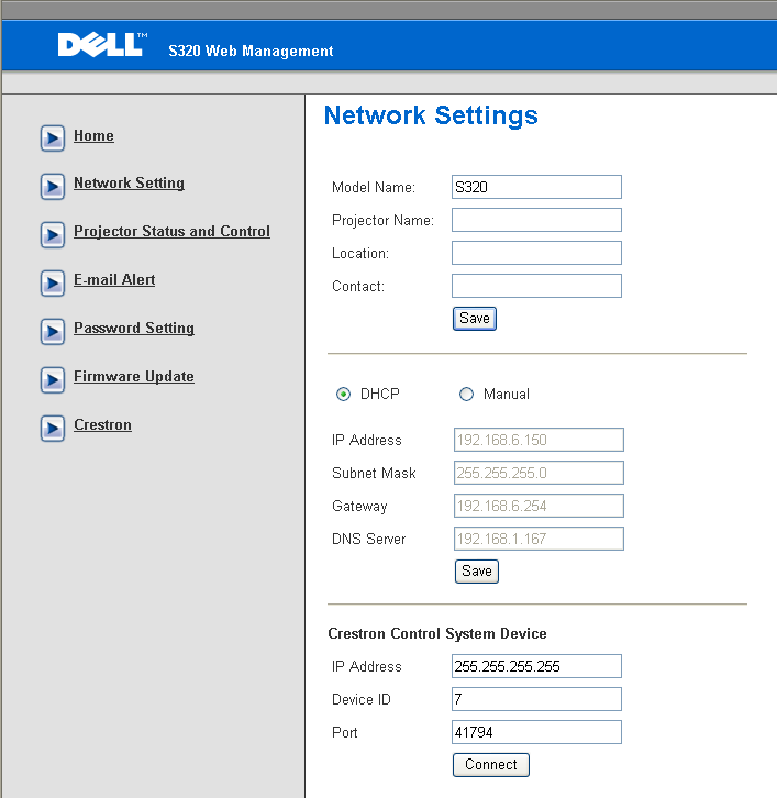 Network Settings (Configurações de Rede) Configure as informações de Model Name (Nome do Modelo), Projector Name (Nome do Projetor), Location (Localização) e Contact (Contato) (até 21 caracteres para