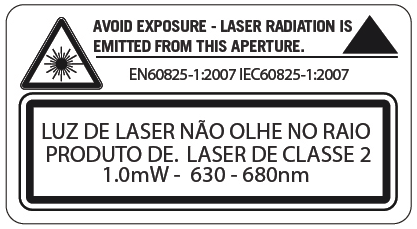 Avisos e etiquetas sobre laser Não olhe para as lentes do laser. Não olhe diretamente para o feixe de laser. Não remova as etiquetas de atenção do laser do MX7.