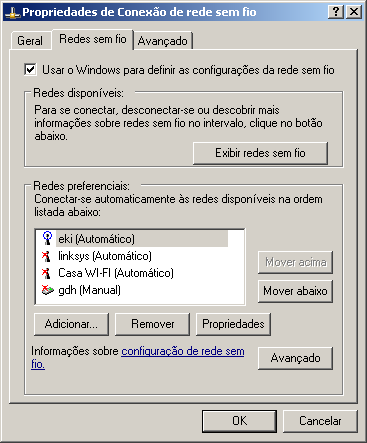 Todas as redes a que o sistema consegue se conectar com sucesso são incluídas em uma lista de redes preferenciais, que fica acessível através do "Alterar ordem das redes preferenciais" ou através das