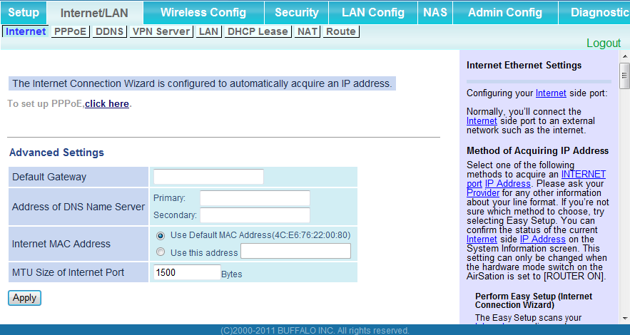 Capítulo 4 - Configuração Internet/LAN (LAN Config) (Internet/LAN (Configuração de LAN)) Internet (Somente modo roteador) Configure a porta do lado da WAN ( porta de Internet ).