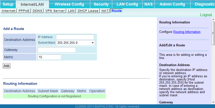 Capítulo 4 - Configuração Route (Rota) Configure a rota de comunicação de IP do AirStation.