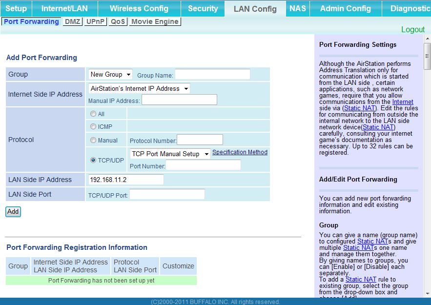 Capítulo 4 - Configuração LAN Config (Configuração de LAN) Port Forwarding (Encaminhamento de porta) (Somente modo roteador) Configure a conversão de porta.