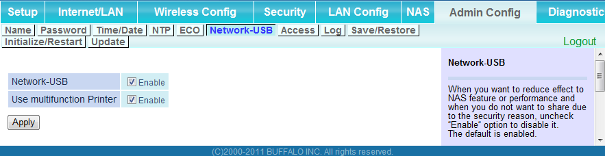 Capítulo 4 - Configuração Network-USB Configure a Network-USB nesta tela.