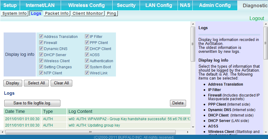 Capítulo 4 - Configuração Logs (Registros) Os registros do AirStation são gravados aqui.