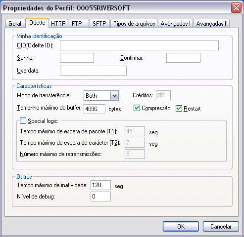 8. Na guia Odette, preencha os seguintes campos. Campos OID (Odette ID) Senha Confirmar Userdata Características Descrição Preencha este campo com a identificação Odette associada a este Perfil.