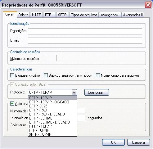 14. Ainda na guia Geral, clique no botão Configurar para configurar a opção de protocolo selecionada anteriormente. Protocolo OFTP - TCP/IP OFTP - TCP/IP - DISCADO OFTP X.
