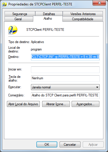 OBSERVAÇÃO Para obter a linha de comando utilizada, clique com o botão direito do mouse no atalho do STCP OFTP Client, que foi criado na área de