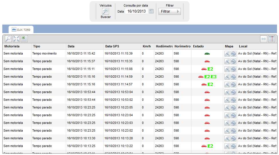 Seleciona o Veículo desejado. Seleciona o Período desejado. Play para exibição animada do trajeto feito pelo veículo. Exportar esse trajeto para o Google Lista de filtros para busca mais detalhada. d. Aba ÚLTIMOS REGISTROS: Exibe a relação completa dos últimos registros do veículo com a central de monitoramento.