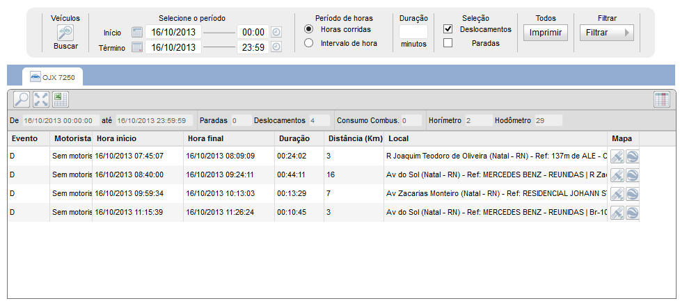 Selecionar o Veículo. 2. RELATÓRIOS a. Aba DESLACAMENTOS E PARADAS: Exibe dados de paradas e deslocamento do veículo, com isso pode-se acompanhar quanto tempo o veículo ficou parado ou em movimento.