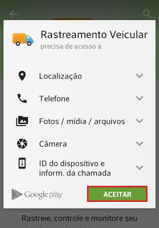 Após o clique em instalar é exibida uma lista com as permissões para a instalação do aplicativo no smartphone, observe: Rastreamento Veicular (Permissões de acesso): Localização: Usa o local do