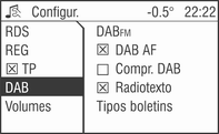 106 Rádio As opções seguintes estão disponíveis no menu DAB: DABFM É possível definir que, ao mudar para FM, seja possível sintonizar a mesma estação que com DAB. Seleccione a opção de menu DAB.