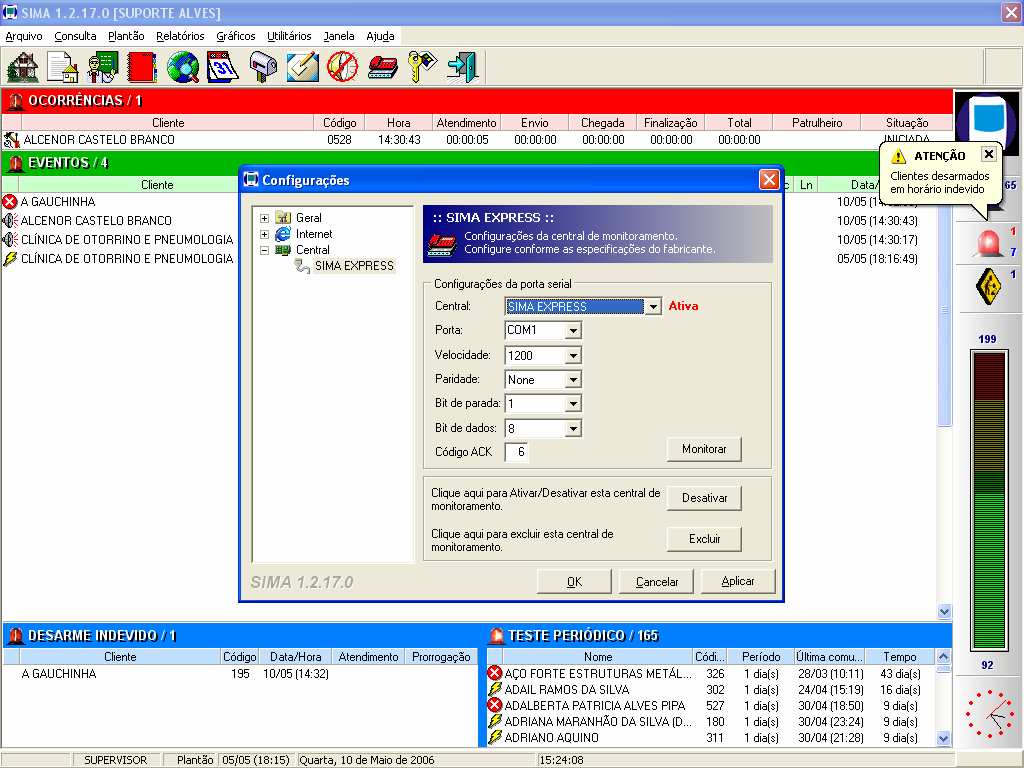 Para configurar o programa com a central receptora, clique no menu <Utilitários> e na opção <Configuração>. Na guia <Geral>, selecione o modelo da central receptora que você possui.